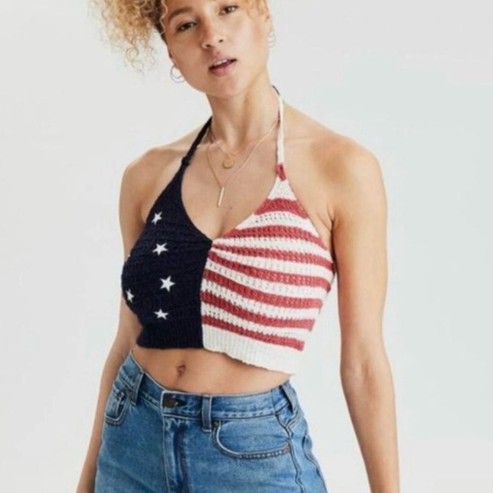 American Eagle Crochet Knit Patriotic USA Cropped Halter Knit Top Size Large